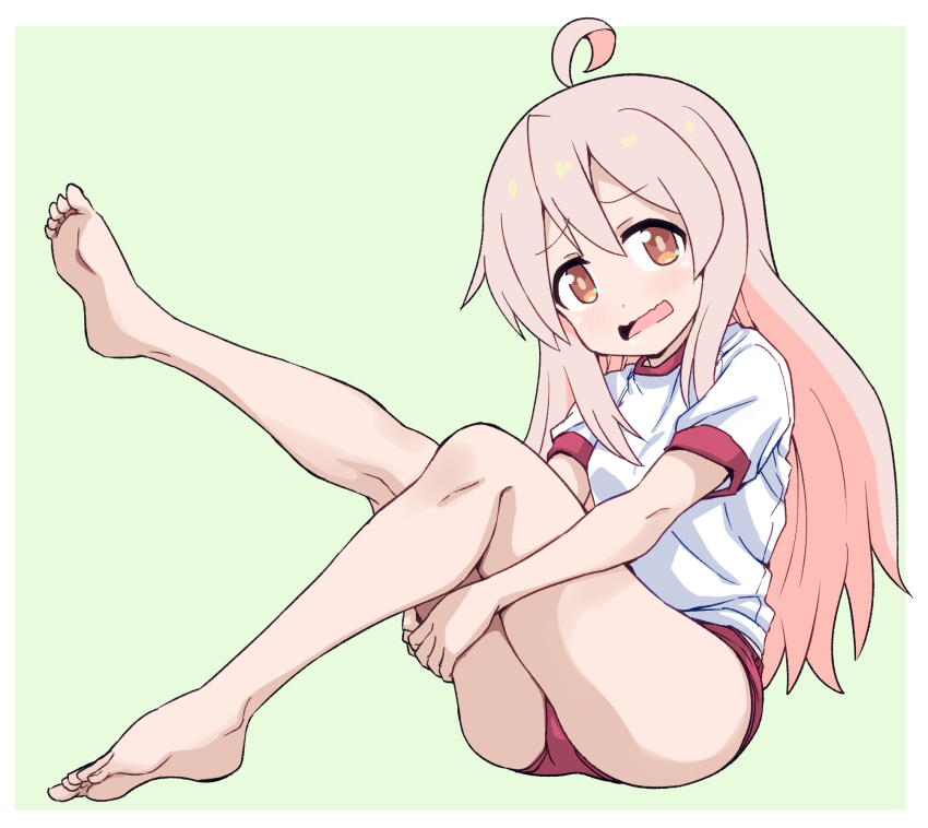 1girl, ahoge, barefoot, blush, buruma, feet, full_body, genderswap