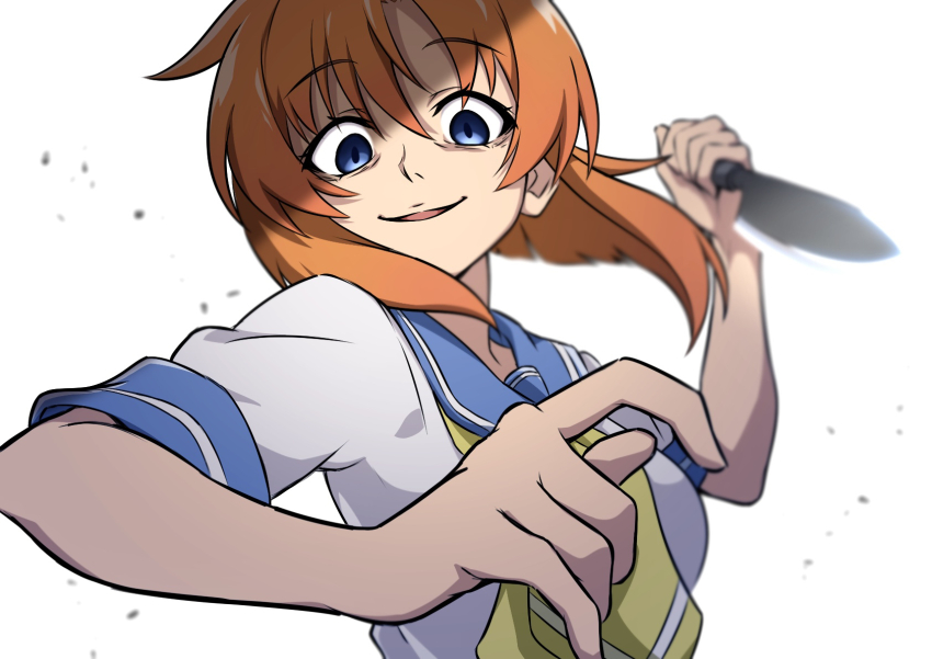 1girl, blue_eyes, blue_sailor_collar, blunt_ends, blurry, commentary_request, crazy_smile, depth_of_field, eyelashes, eyes_visible_through_hair, fighting_stance, foreshortening, hair_between_eyes, hand_up, highres, higurashi_no_naku_koro_ni, holding, holding_knife, incoming_attack, knife, looking_at_viewer, looking_down, medium_hair, neckerchief, nishizuki_shino, open_mouth, orange_hair, ryuuguu_rena, sailor_collar, school_uniform, serafuku, shirt, short_sleeves, simple_background, smile, solo, straight-on, upper_body, uso_da, white_background, white_shirt, yellow_neckerchief
