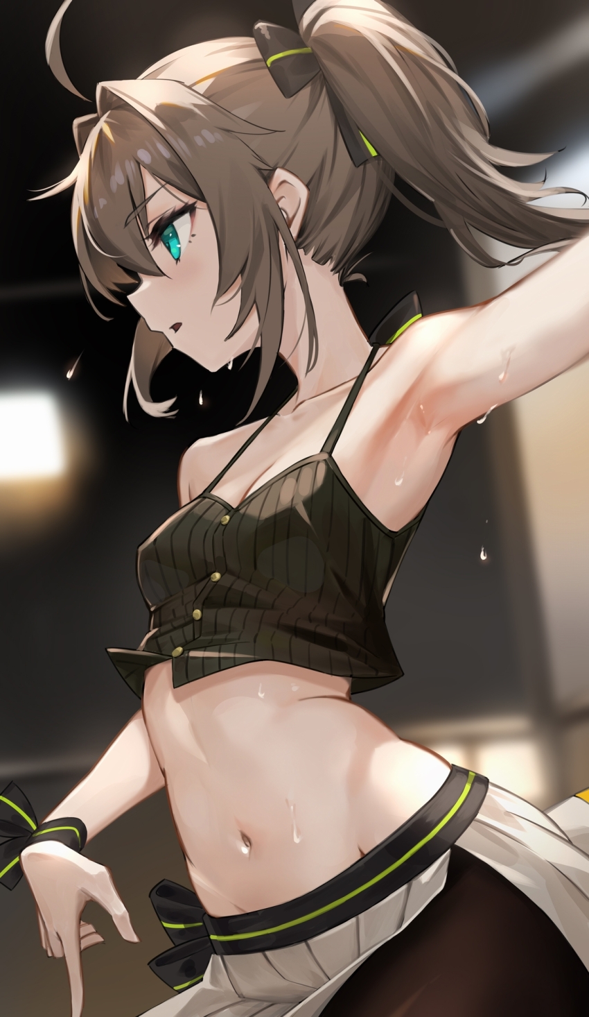 1girl, ahoge, aqua_eyes, armpits, bare_shoulders, bow, breasts, brown_hair