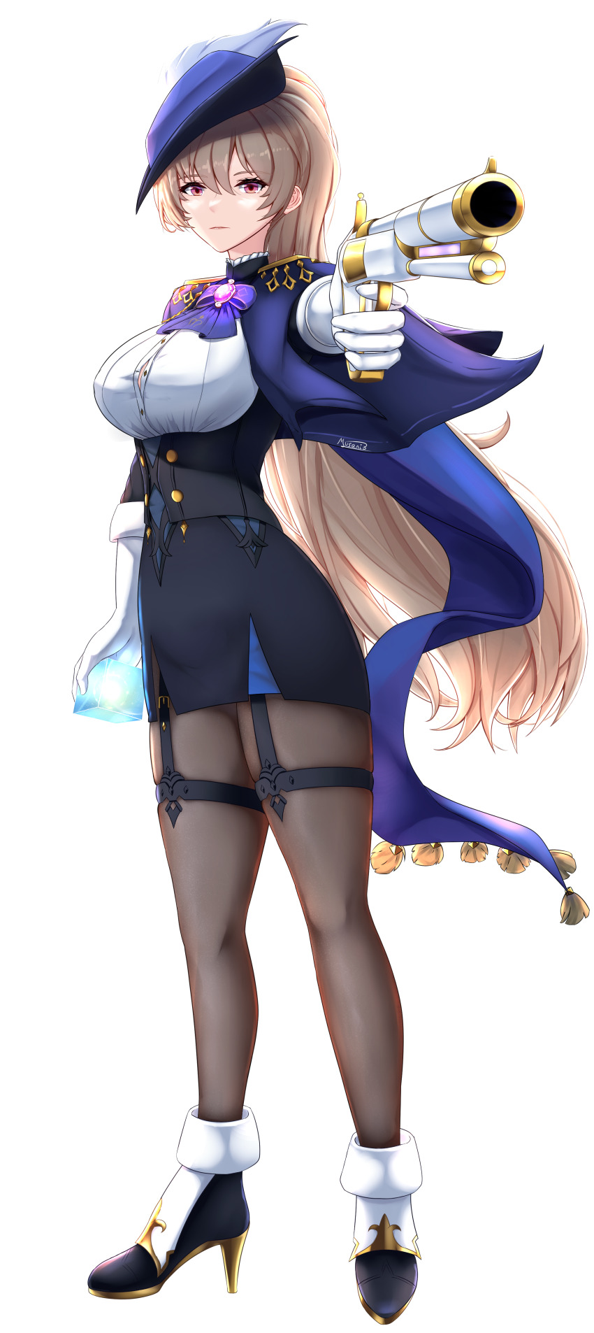 1girl, absurdres, azur_lane, black_corset, black_footwear, blue_cape, brown_hair, brown_pantyhose, cape, clorinde_(genshin_impact), clorinde_(genshin_impact)_(cosplay), corset, cosplay, epaulettes, framed_breasts, full_body, genshin_impact, gloves, gun, hat, highres, holding, holding_gun, holding_weapon, jean_bart_(azur_lane), long_hair, looking_at_viewer, musanix, pantyhose, purple_hat, red_eyes, simple_background, solo, tricorne, very_long_hair, weapon, white_background, white_gloves