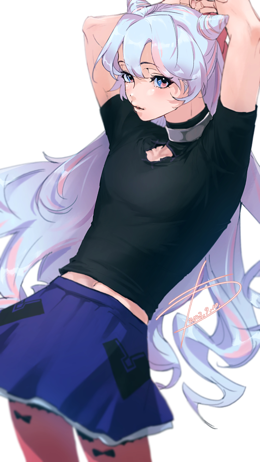 1boy, absurdres, black_shirt, blue_eyes, blue_hair, clothing_cutout, cone_hair_bun, fire_emblem, fire_emblem_engage, hair_bun, highres, long_hair, looking_at_viewer, nintendo, open_mouth, rosado_(fire_emblem), shirt, simple_background, skirt, solo, trap, wa_gamc, white_background