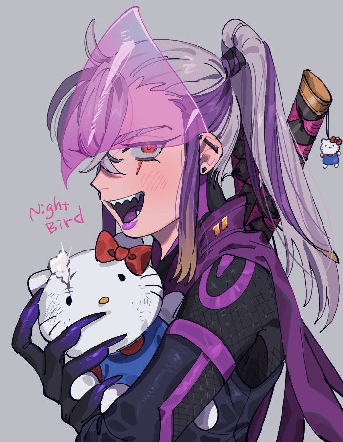 1girl, black_bodysuit, bodysuit, bow, character_name, from_side, grey_hair, hair_behind_ear