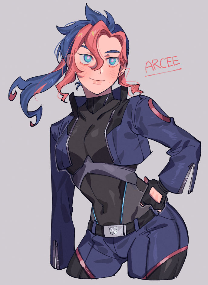 1girl, arcee, arcee_(prime), belt, black_belt, black_gloves, black_leotard, blue_eyes, blue_hair, blue_shorts, blush, breasts, character_name, covered_collarbone, cowboy_shot, cropped_jacket, cropped_legs, fingerless_gloves, gloves, grey_background, hair_behind_ear, hair_between_eyes, hand_on_own_hip, humanization, leotard, looking_up, medium_breasts, moime, multicolored_hair, pink_hair, ponytail, shorts, simple_background, smile, solo, streaked_hair, transformers, transformers:_prime