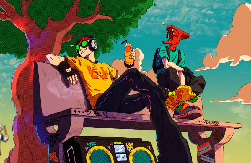 2boys, absurdres, backpack, bag, beat_(jsr), bench, black_gloves, bomb_rush_cyberfunk