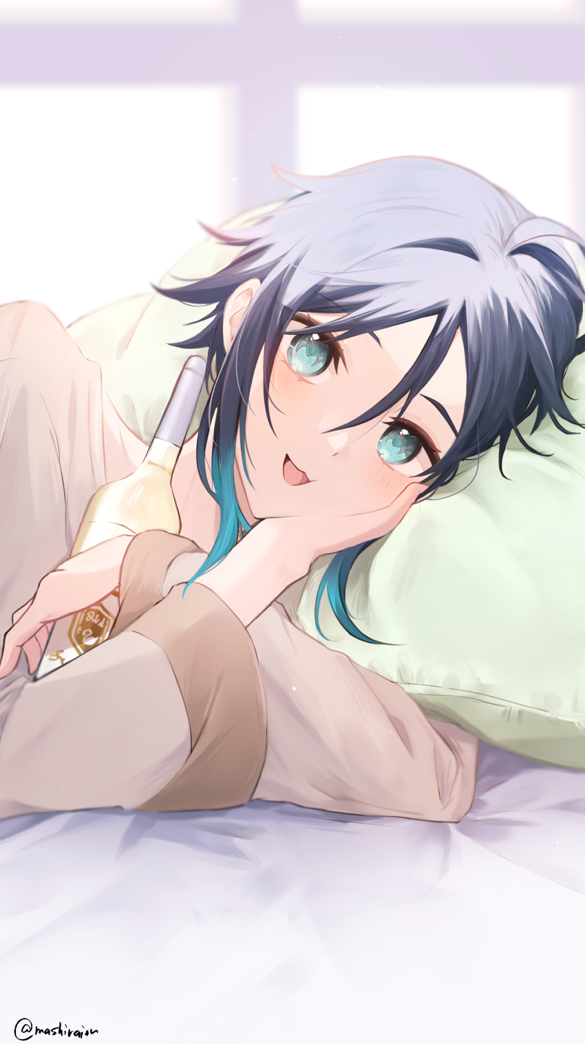 absurdres, alcohol, alternate_costume, aqua_eyes, aqua_hair, bed, black_hair, blush
