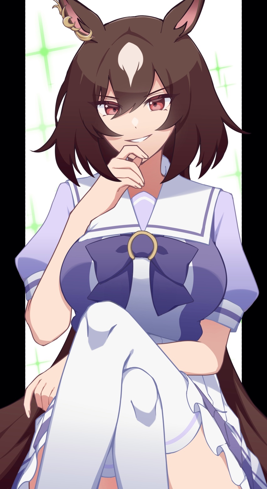 1girl, absurdres, animal_ears, bow, breasts, brown_hair, commentary_request, crossed_legs