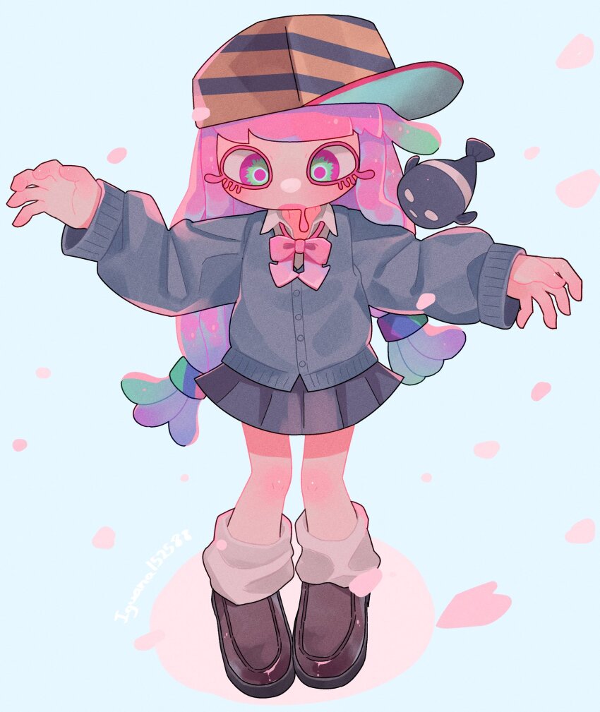 1girl, artist_name, baseball_cap, black_skirt, blue_background, bow, bowtie, brown_shoes