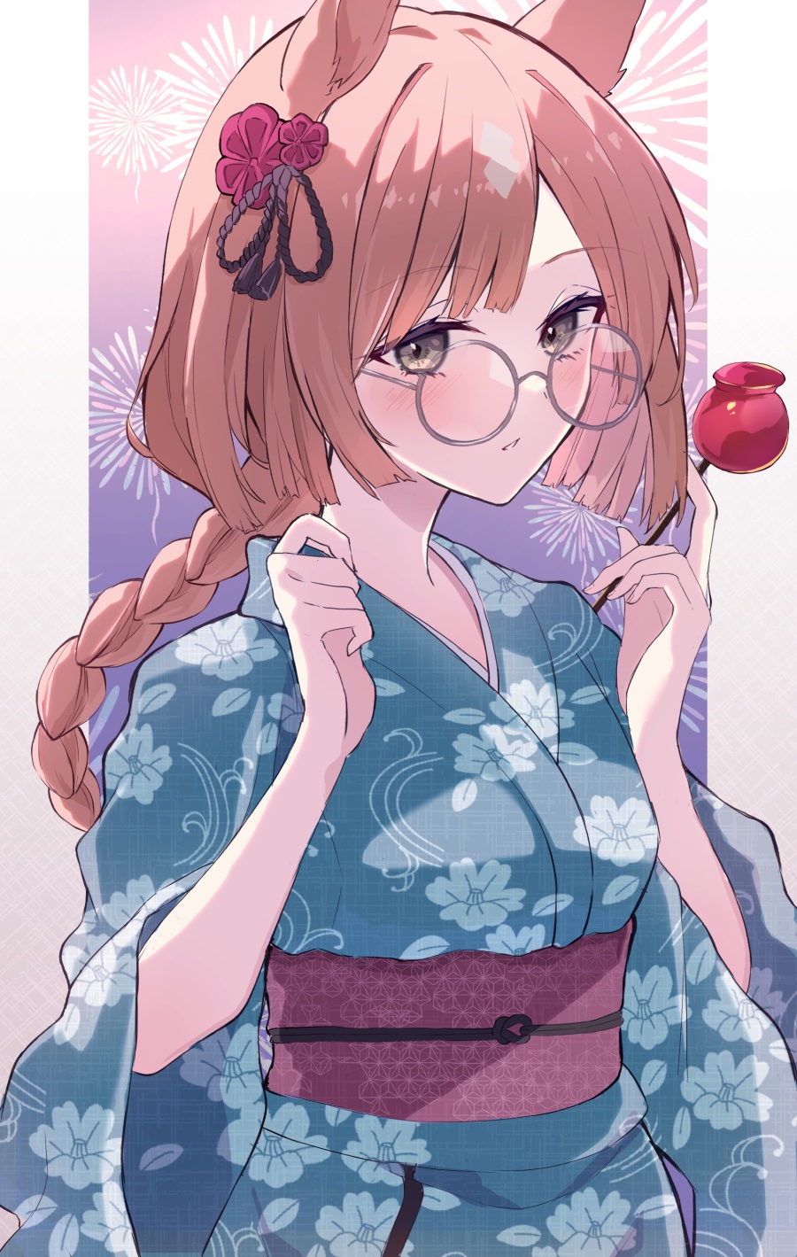 1girl, alternate_costume, animal_ears, blush, braid, candy, floral_print, food