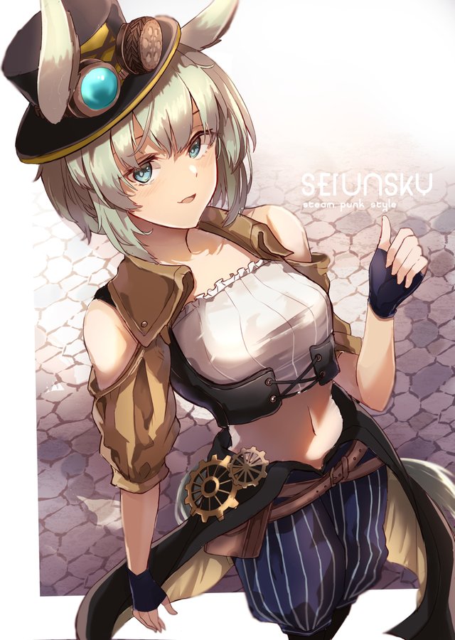 1girl, alternate_costume, animal_ears, black_gloves, black_hat, blue_eyes, blue_pants, character_name