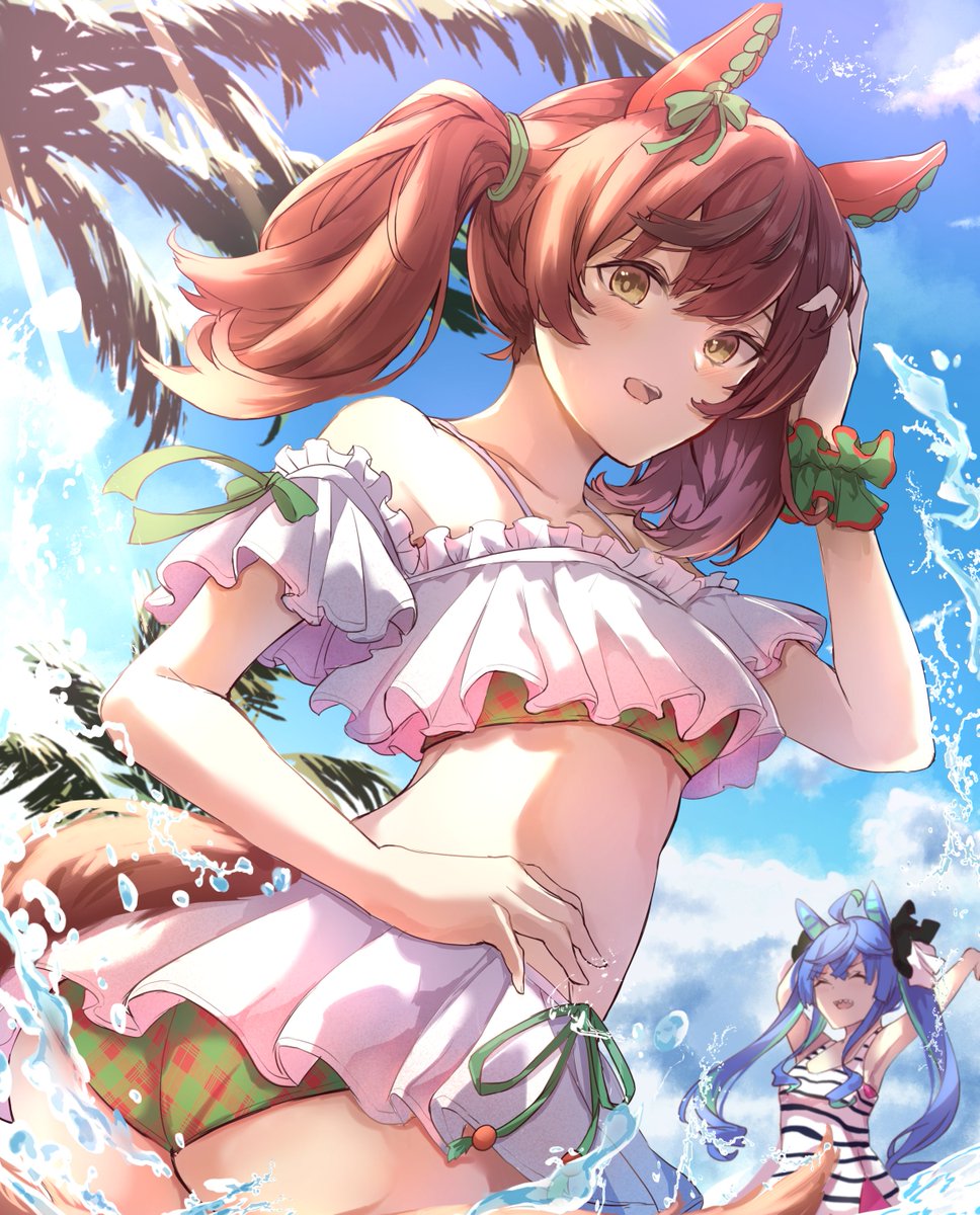 2girls, :o, ^_^, alternate_costume, animal_ears, arms_up, ass, bikini, black_ribbon, blue_hair, brown_hair, closed_eyes, ear_covers, green_bikini, hair_ribbon, highres, horse_ears, horse_girl, horse_tail, layered_bikini, long_hair, medium_hair, messy_hair, multicolored_hair, multiple_girls, nice_nature_(umamusume), one-piece_swimsuit, ri_cochet, ribbon, sharp_teeth, sidelocks, solo_focus, streaked_hair, striped_clothes, striped_one-piece_swimsuit, swimsuit, tail, teeth, twin_turbo_(umamusume), twintails, umamusume, wedgie, white_bikini, white_ribbon, yellow_eyes