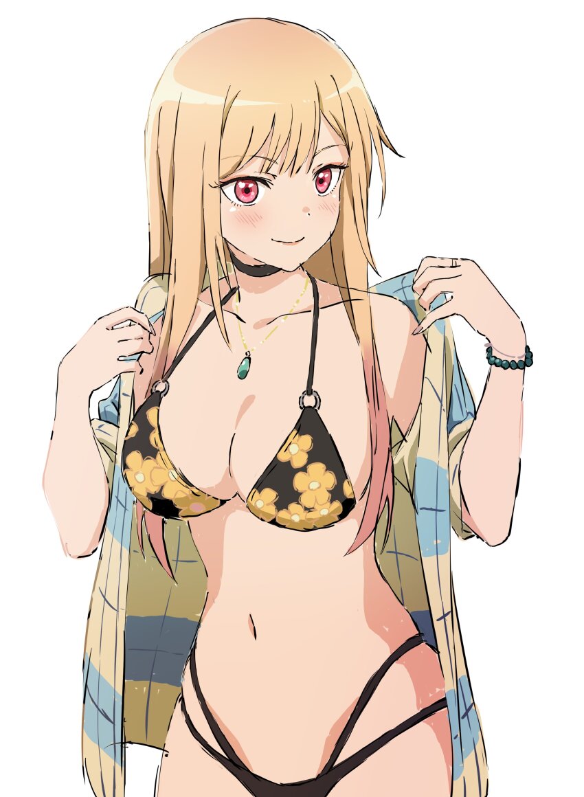1girl, absurdres, bikini, black_bikini, black_choker, blonde_hair, breasts, choker, gradient_hair, highres, jewelry, kitagawa_marin, long_hair, looking_at_viewer, medium_breasts, mugi0913, multicolored_hair, navel, necklace, red_eyes, red_hair, side-tie_bikini_bottom, simple_background, smile, solo, sono_bisque_doll_wa_koi_wo_suru, string_bikini, swept_bangs, swimsuit, upper_body, white_background