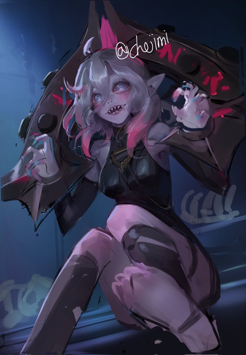 1girl, ahoge, bare_shoulders, briar_(league_of_legends), chained_wrists, colored_sclera, detached_sleeves, fingernails