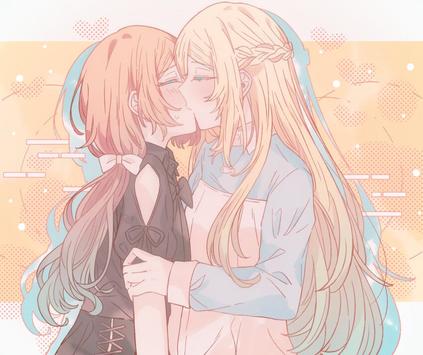 2girls, black_shirt, blonde_hair, blush, bow, braid, closed_eyes, clothing_cutout