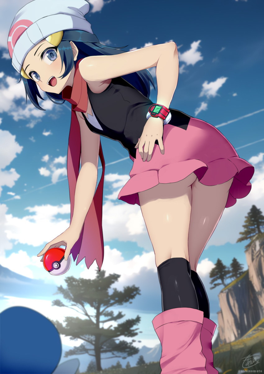 1girl, :d, ashino_moto, ass, bare_arms, beanie, black_socks, blue_eyes
