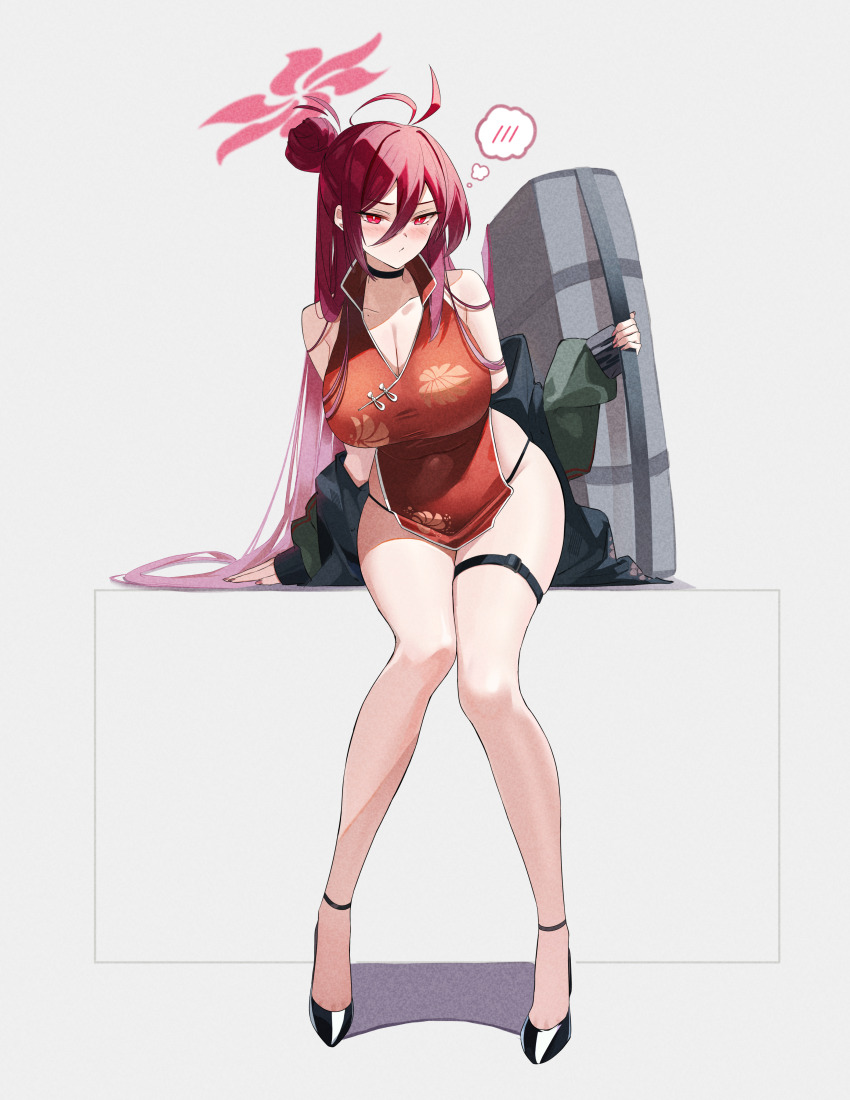 1girl, absurdres, antenna_hair, belt, black_choker, black_shoes, blue_archive, breasts