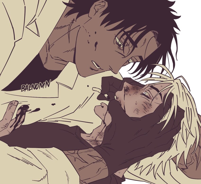 2boys, balnom, bara, blind, blood, blood_on_hands, cigarette, dark-skinned_male, dark_skin, eye_contact, finger_in_another's_mouth, holding, holding_cigarette, looking_at_another, lying_on_person, male_focus, mature_male, mismatched_pupils, monochrome, multiple_boys, nosebleed, original, scar, short_hair, thick_eyebrows, upper_body, yaoi