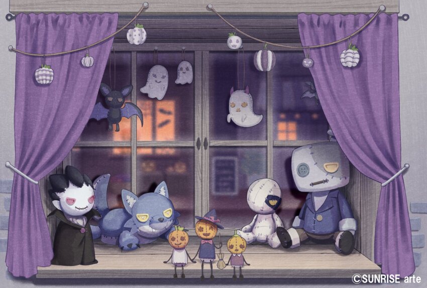 broom, curtains, doll, frankenstein's_monster, halloween, hat, highres, indoors, mummy, no_humans, original, stuffed_toy, sunrise_arte, vampire, werewolf, window, witch_hat, wolf