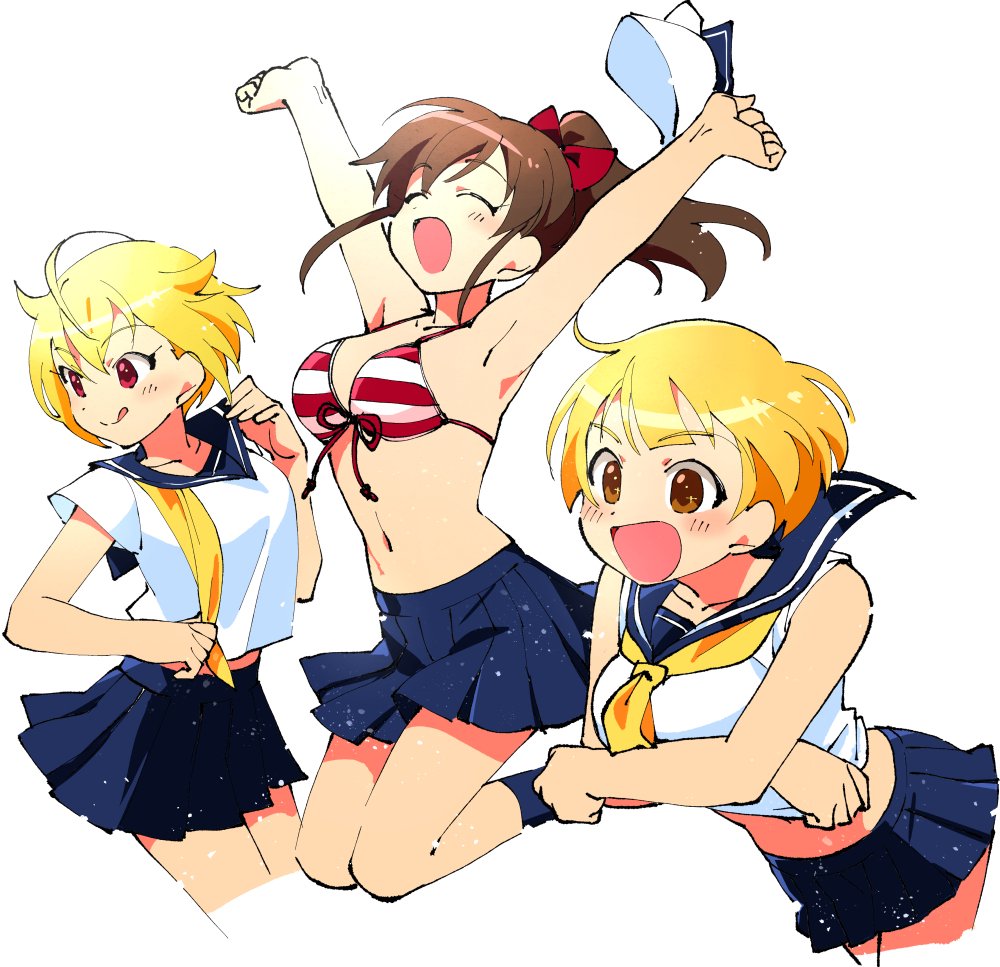 3girls, ^_^, ahoge, armpits, arms_up, bare_shoulders, bikini, black_socks