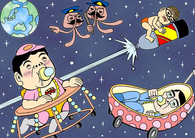 3boys, black_hair, brown_hair, earth_(planet), multiple_boys, planet, pyocotan, space