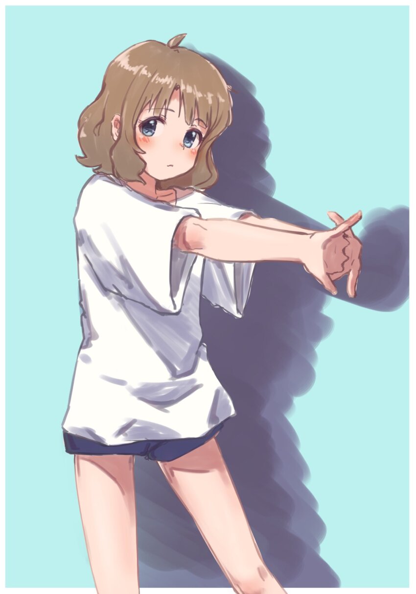 1girl, blue_eyes, blush, brown_hair, female_focus, highres, idolmaster, idolmaster_million_live!, looking_at_viewer, noname_(jvgt14), oversized_clothes, short_hair, standing, stretching, suou_momoko