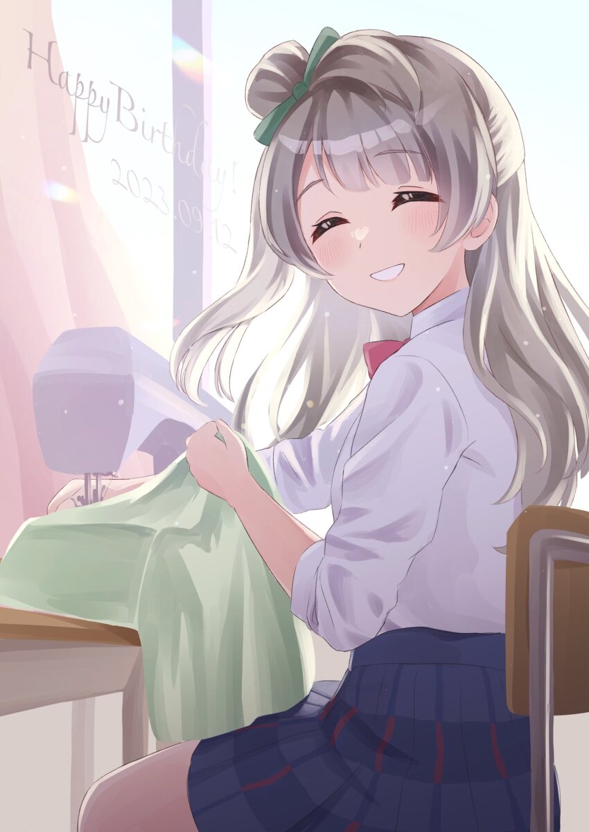 1girl, brown_hair, chair, closed_eyes, dated, happy_birthday, highres, hisaka