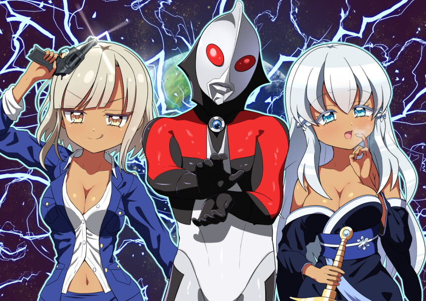 1boy, 2girls, blonde_hair, blue_eyes, blush, breasts, cleavage, gun, gyaru, hair_ornament, handgun, japanese_clothes, jashin-chan_dropkick, kimono, large_breasts, long_hair, looking_at_viewer, multiple_girls, mumyou_ishi, navel, open_mouth, police, police_uniform, policewoman, project_ultraman, short_hair, smile, snowflake_hair_ornament, sword, tachibana_mei_(jashin-chan_dropkick), tongue, tongue_out, ultra_series, ultraman, weapon, white_hair, yellow_eyes, yusa_(jashin-chan_dropkick)