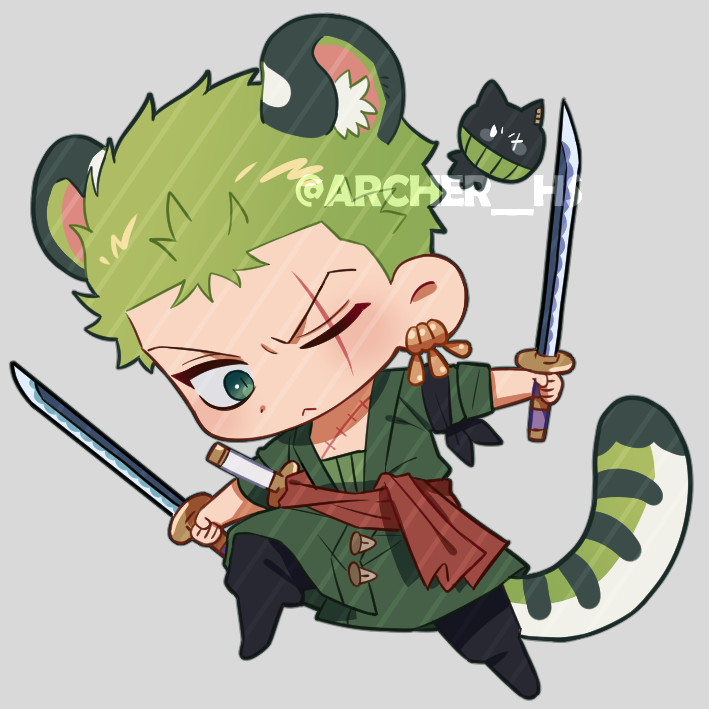 1boy, animal_ears, chibi, dol_ishi, dual_wielding, full_body, green_hair, holding