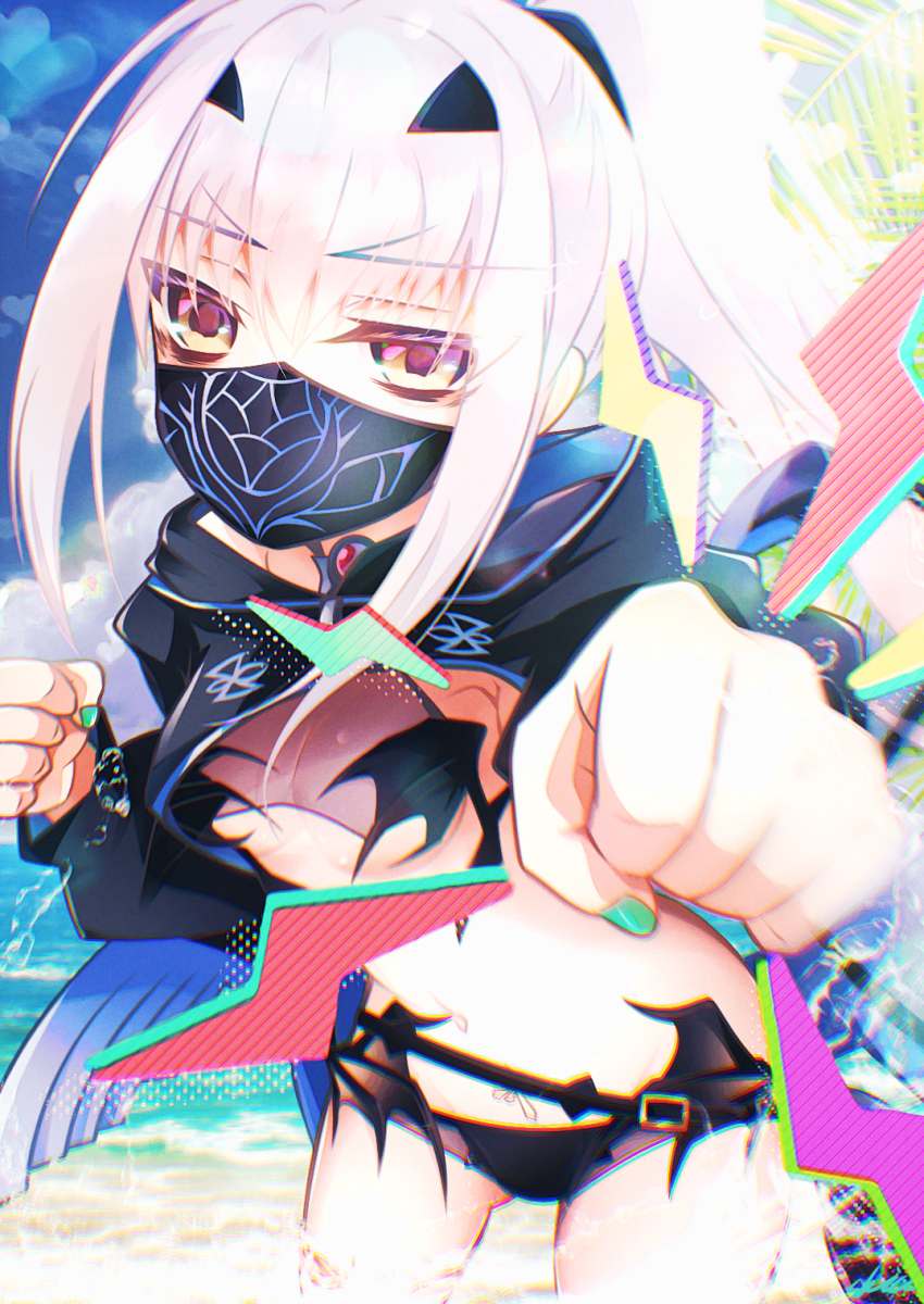 1girl, beach, bikini, black_bikini, black_jacket, blue_sky, breasts, cropped_jacket