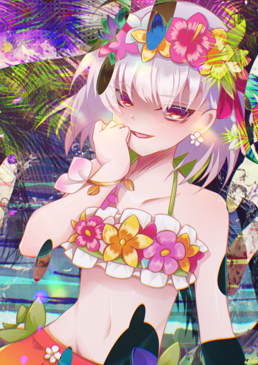 1girl, bare_shoulders, bikini, blush, breasts, collarbone, fate/grand_order, fate_(series), flower_wreath, green_bikini, hair_ribbon, head_wreath, highres, kama_(fate), kama_(first_ascension)_(fate), kama_(swimsuit_avenger)_(first_ascension)_(fate), kama_(young)_(fate), looking_at_viewer, navel, open_mouth, palm_leaf, rainbow_skirt, red_eyes, ribbon, shaded_face, shiushiu_kurauneru_plus, short_hair, small_breasts, smile, solo, swimsuit, white_hair