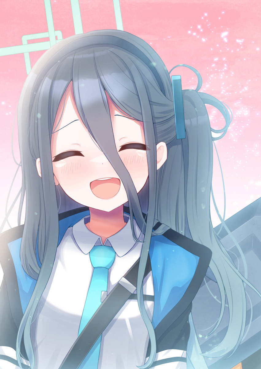 1girl, absurdres, aris_(blue_archive), black_hair, blue_archive, blue_necktie, closed_eyes, halo