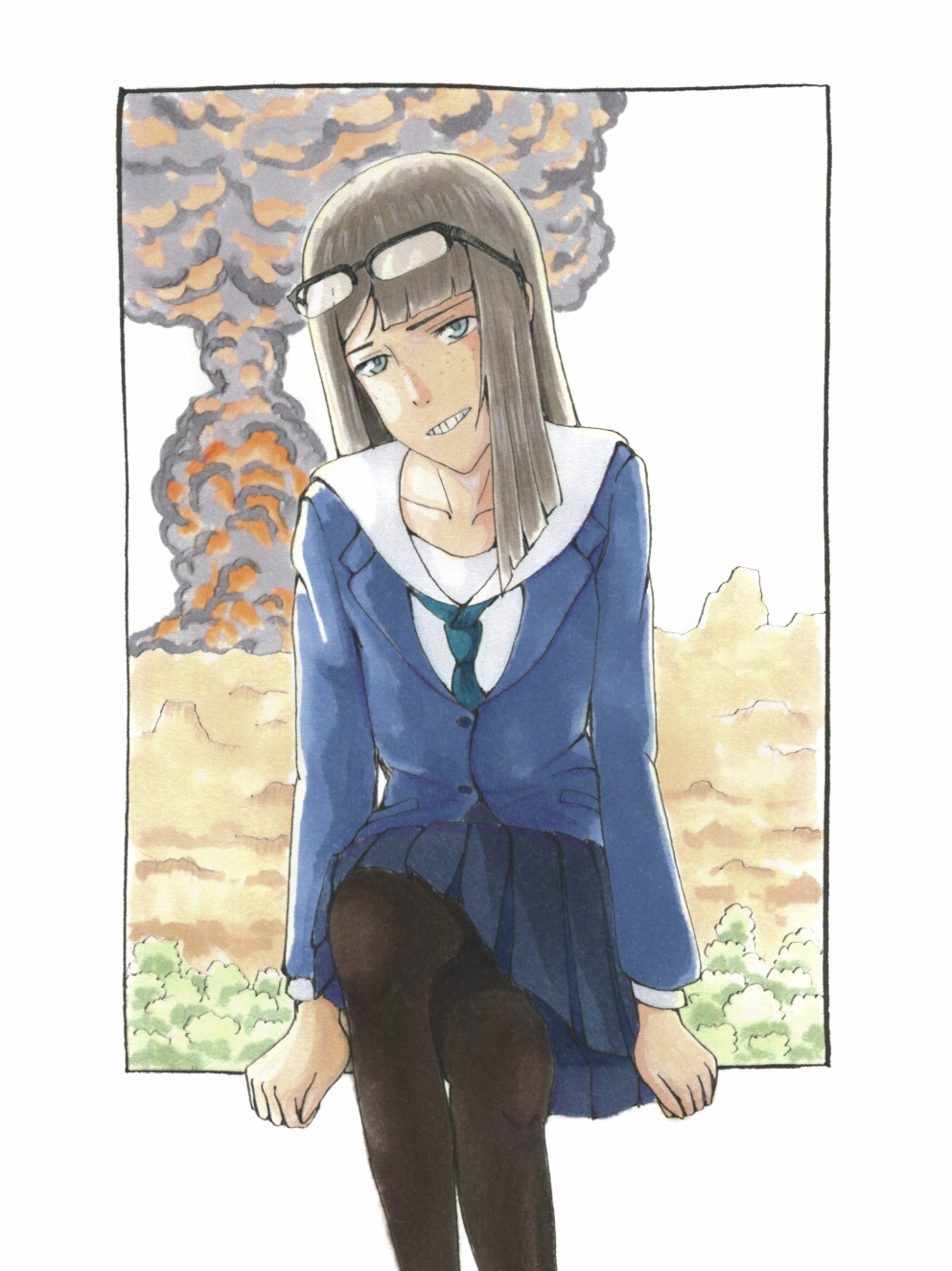 1girl, black_pantyhose, blue_jacket, blue_necktie, brown_hair, colored_pencil_(medium), day, desosketch_(pixiv34424949), eizouken_ni_wa_te_wo_dasu_na!, eyewear_on_head, feet_out_of_frame, freckles, grey_eyes, highres, jacket, kanamori_sayaka, long_sleeves, looking_at_viewer, marker_(medium), necktie, outdoors, pantyhose, school_uniform, sitting, smile, smoke, solo, traditional_media
