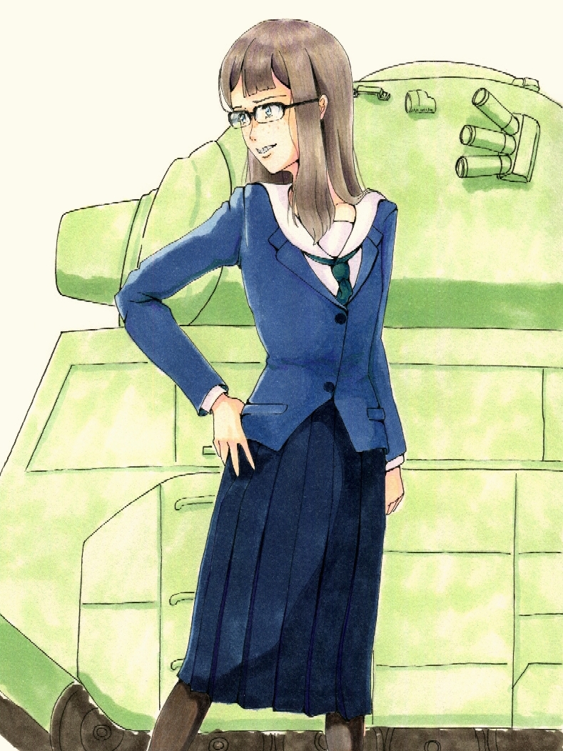 1girl, black-framed_eyewear, black_skirt, brown_hair, colored_pencil_(medium), desosketch_(pixiv34424949), eizouken_ni_wa_te_wo_dasu_na!, freckles, hand_on_own_hip, kanamori_sayaka, long_hair, long_sleeves, looking_to_the_side, marker_(medium), military_vehicle, motor_vehicle, necktie, school_uniform, skirt, solo, tank, traditional_media