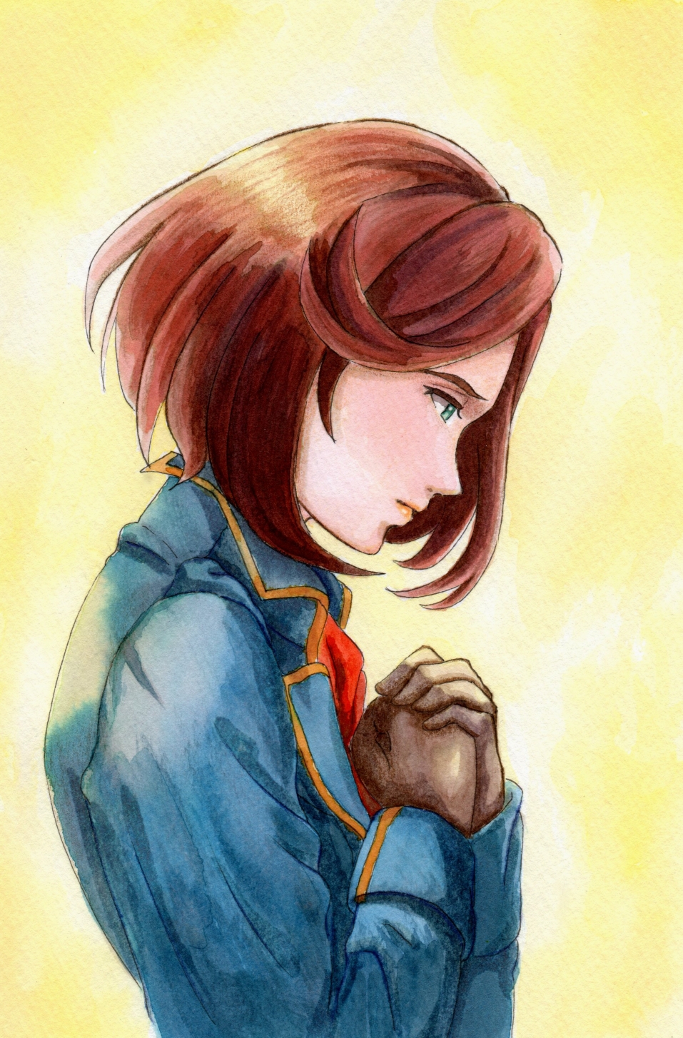 1girl, blue_jacket, brown_gloves, brown_hair, desosketch_(pixiv34424949), fairy_gone, gloves, green_eyes