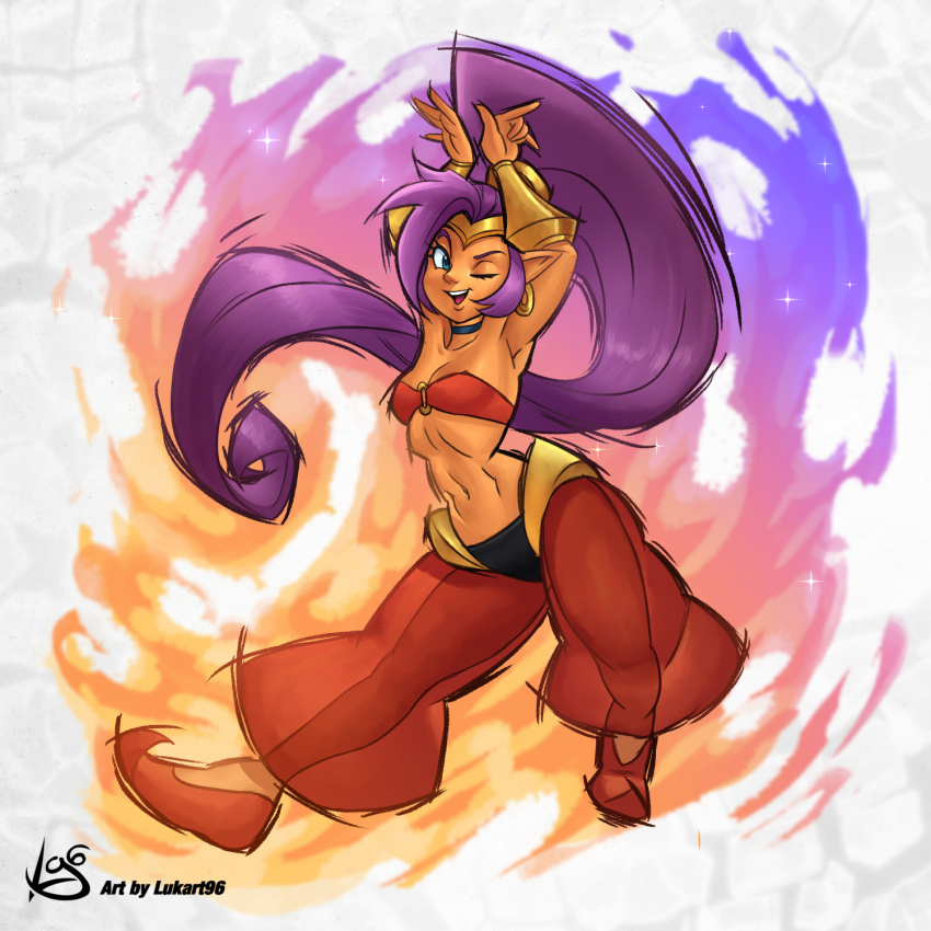 1girl, armpits, blue_eyes, bra, breasts, dark-skinned_female, dark_skin, earrings, highres, jewelry, long_hair, lukart96, one_eye_closed, pants, pointy_ears, ponytail, purple_hair, see-through_clothes, shantae, shantae_(series), small_breasts, underwear, very_long_hair, wink