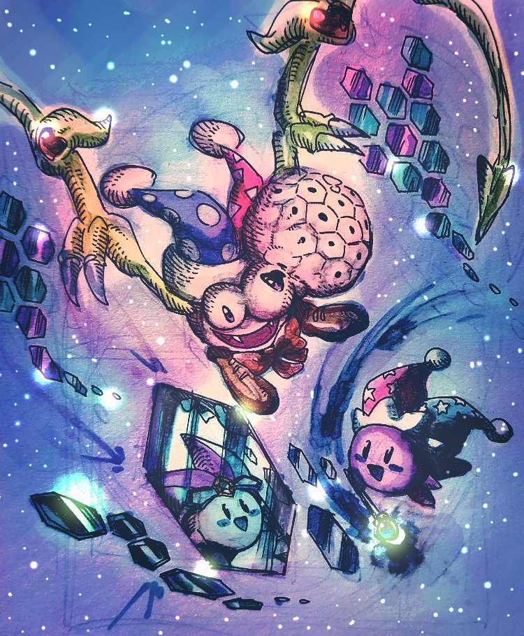 blush_stickers, bow, bowtie, brown_shoes, commentary, compound_eyes, copy_ability, fangs, fighting, hat, heart, hexagon, jester_cap, kirby, kirby_(series), kirby_super_star, magic, marx_(kirby), marx_(true_form)_(kirby), mirror, mirror_kirby, nintendo, no_humans, open_mouth, purple_eyes, red_bow, red_bowtie, reflection, shoes, smile, space, star_(symbol), super_smash_bros., untranslatable_commentary, takenokonoko, tumor, wand, wings