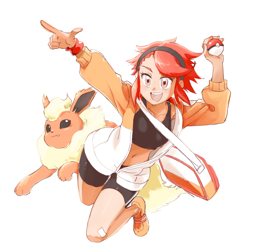 1girl, absurdres, bag, bike_shorts, collarbone, flareon, gen_1_pokemon, highres