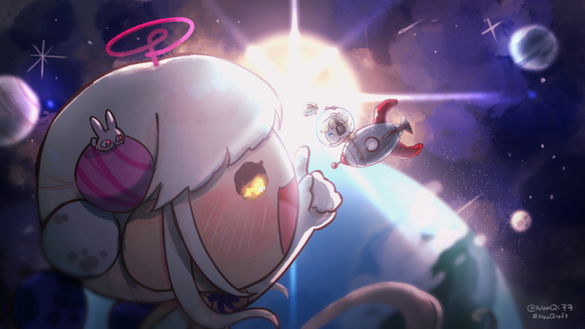 2girls, bubba_(watson_amelia), chibi, dark-skinned_female, dark_skin, gloves, hair_ornament, hashtag, helmet, hololive, hololive_english, limiter_(tsukumo_sana), looking_at_another, multiple_girls, noaqi77, open_mouth, planet, planet_hair_ornament, smile, space, space_helmet, spacecraft, spacesuit, tsukumo_sana, tsukumo_sana_(1st_costume), twitter_username, usaslug_(tsukumo_sana), virtual_youtuber, watson_amelia, watson_amelia_(astronaut), white_gloves