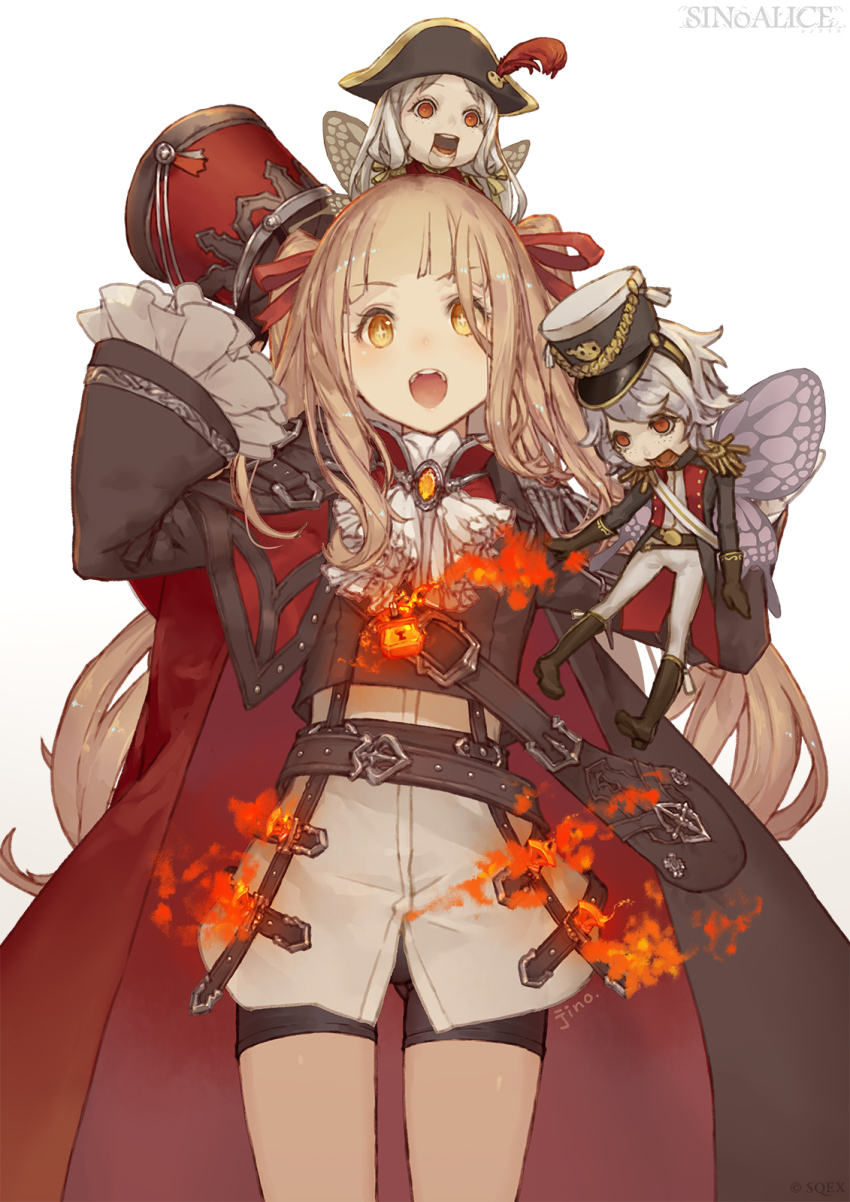anki_(sinoalice), ascot, blunt_bangs, blush, butterfly_wings, cape, doll, fire, gishin_(sinoalice), hair_ribbon, happy, hat, highres, holding, holding_unworn_clothes, holding_unworn_hat, insect_wings, ji_no, lock, long_hair, official_art, open_mouth, orange_eyes, red_eyes, red_riding_hood_(sinoalice), ribbon, shorts, sidelocks, simple_background, sinoalice, star-shaped_pupils, star_(symbol), symbol-shaped_pupils, twintails, uniform, unworn_hat, unworn_headwear, wavy_hair, white_background, white_hair, wings