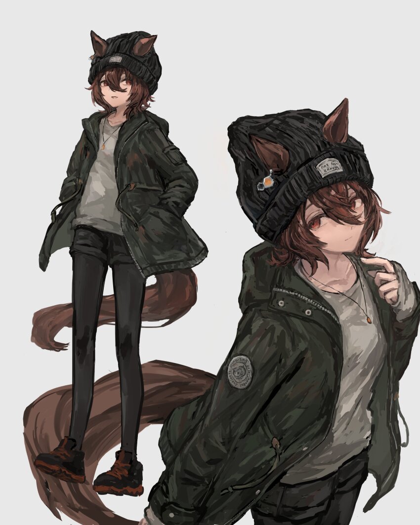 1girl, absurdres, agnes_tachyon_(umamusume), alternate_costume, animal_ears, beanie, black_footwear, black_hat