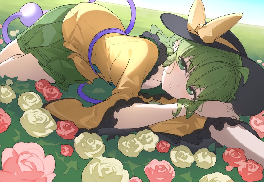 1girl, absurdres, black_headwear, blue_sky, bow, devilkillerx, field, flower