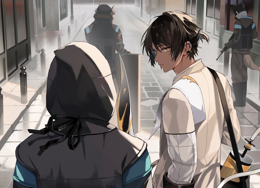 1boy, 3others, arknights, bag, black_footwear, black_hair, black_jacket, boots