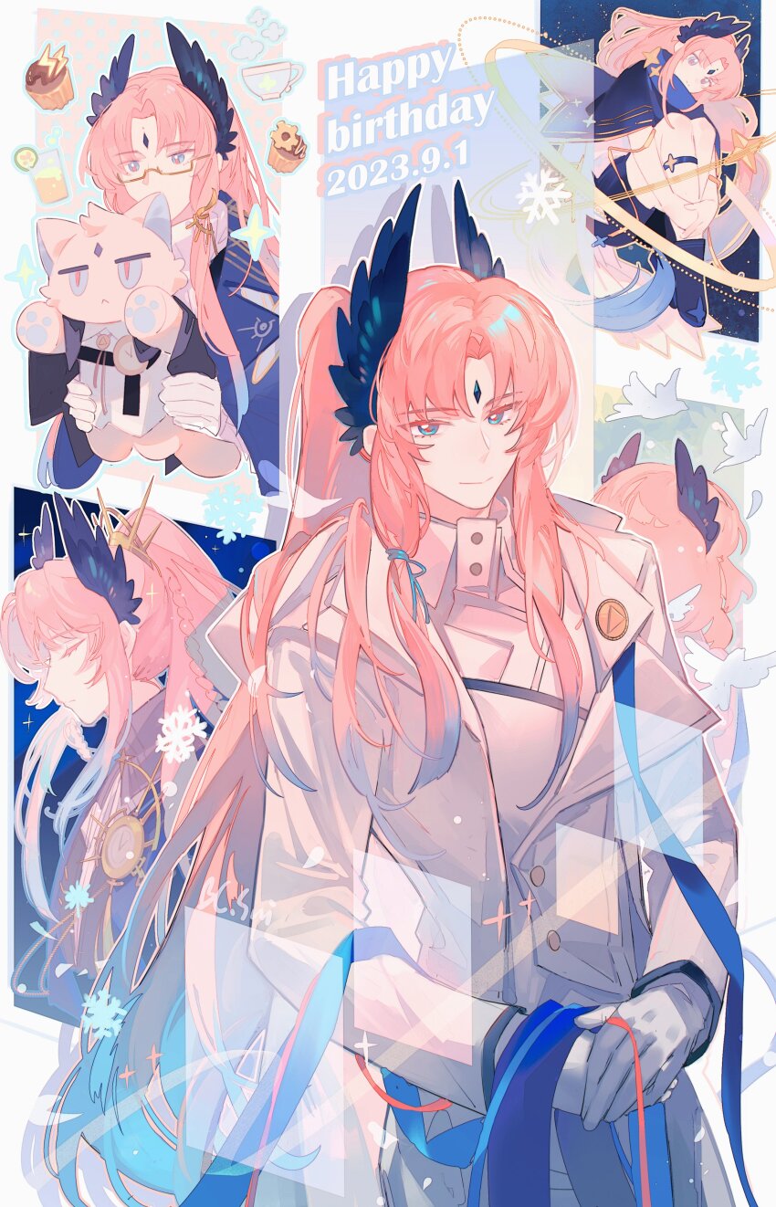 1boy, absurdres, arknights, bespectacled, black_shirt, blue_eyes, blue_hair, blue_ribbon