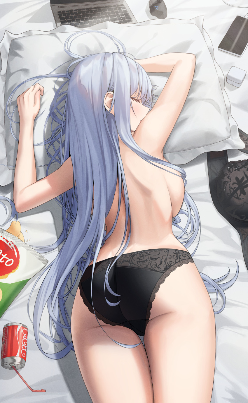 1girl, absurdres, ahoge, ass, bare_arms, bed_sheet, black_bra, black_panties, bra, breast_press, breasts, can, cellphone, chips_(food), closed_eyes, commentary_request, computer, dos_(ehgns007kr), drink_can, food, grey_hair, highres, lace, lace-trimmed_panties, lace_trim, laptop, large_breasts, long_hair, lying, on_stomach, original, panties, phone, pillow, potato_chips, sidelocks, sleeping, smartphone, soda_can, solo, thighs, topless_female, underwear, underwear_only, unworn_bra, very_long_hair, wireless_mouse