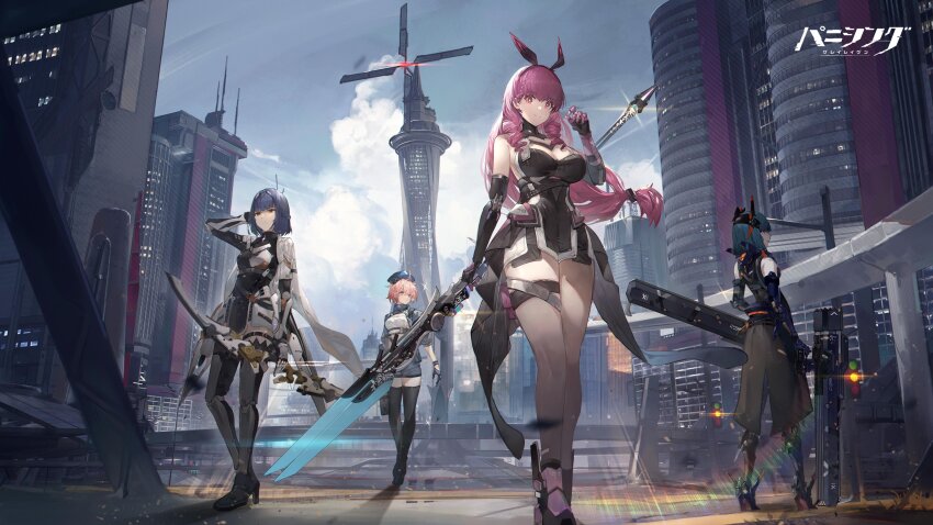 4girls, absurdres, alisa:_echo_(pgr), alisa_(pgr), ayla:_kaleido_(pgr), ayla_(pgr), bare_shoulders, blue_gloves, blue_hair, blue_headwear, bow_(weapon), braid, breasts, building, character_request, cleavage, cloud, detached_sleeves, dress, drill_hair, from_below, gloves, half_gloves, headband, headgear, high_heels, highres, holding, holding_bow_(weapon), holding_polearm, holding_weapon, humanoid_robot, joints, lamppost, large_breasts, long_hair, mechabare, mechanical_arms, mechanical_legs, multiple_girls, official_art, pink_eyes, pink_hair, polearm, punishing:_gray_raven, purple_eyes, robot, robot_joints, scenery, short_dress, short_hair, short_shorts, shorts, sky, skyscraper, standing, thigh_strap, thighhighs, twin_drills, weapon, windmill, yellow_eyes