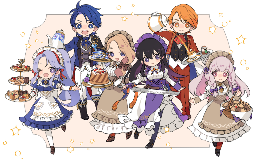 2boys, 4girls, apron, ayra_(fire_emblem), ayra_(tea_party)_(fire_emblem), basket, black_hair, blue_eyes