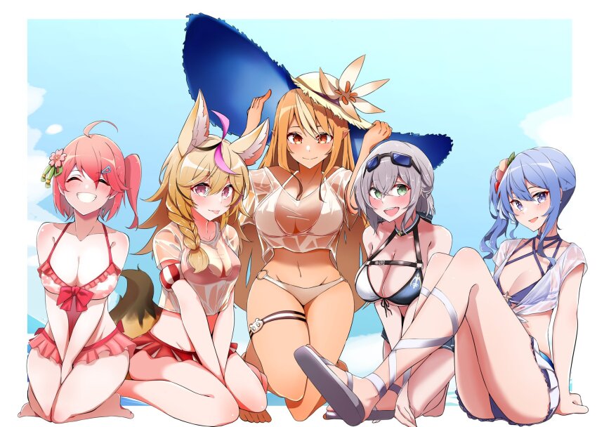 5girls, ahoge, alternate_breast_size_(larger), alternate_costume, barefoot, bikini, bikini_skirt, blonde_hair, blue_bikini, blue_eyes, blue_hair, blue_sky, blush, bow, braid, breasts, brown_hair, closed_mouth, collarbone, dark-skinned_female, dark_skin, day, eyelashes, eyewear_on_head, feet_out_of_frame, flower, green_eyes, grey_hair, hair_flower, hair_ornament, hairclip, hands_up, hat, hat_flower, highres, hololive, hoshimachi_suisei, kneeling, knees_up, large_breasts, legs, long_hair, long_legs, looking_at_viewer, medium_breasts, medium_hair, multicolored_hair, multiple_girls, navel, o-ring, o-ring_bottom, omaru_polka, open_mouth, outdoors, pink_bikini, pink_eyes, pink_hair, red_bikini, red_bow, red_eyes, revision, sakura_miko, sakura_miko_(hololive_summer_2019), sandals, shiranui_flare, shiranui_kensetsu, shirogane_noel, shirogane_noel_(summer_2020), shirt, side_braid, side_ponytail, sitting, sky, small_breasts, star_(symbol), star_in_eye, straw_hat, streaked_hair, swimsuit, symbol_in_eye, teeth, thigh_strap, thighs, tongue, tongue_out, undersized_breast_cup, virtual_youtuber, wariza, wet, wet_clothes, wet_shirt, white_bikini, white_footwear, yamaki_(yamaki801)