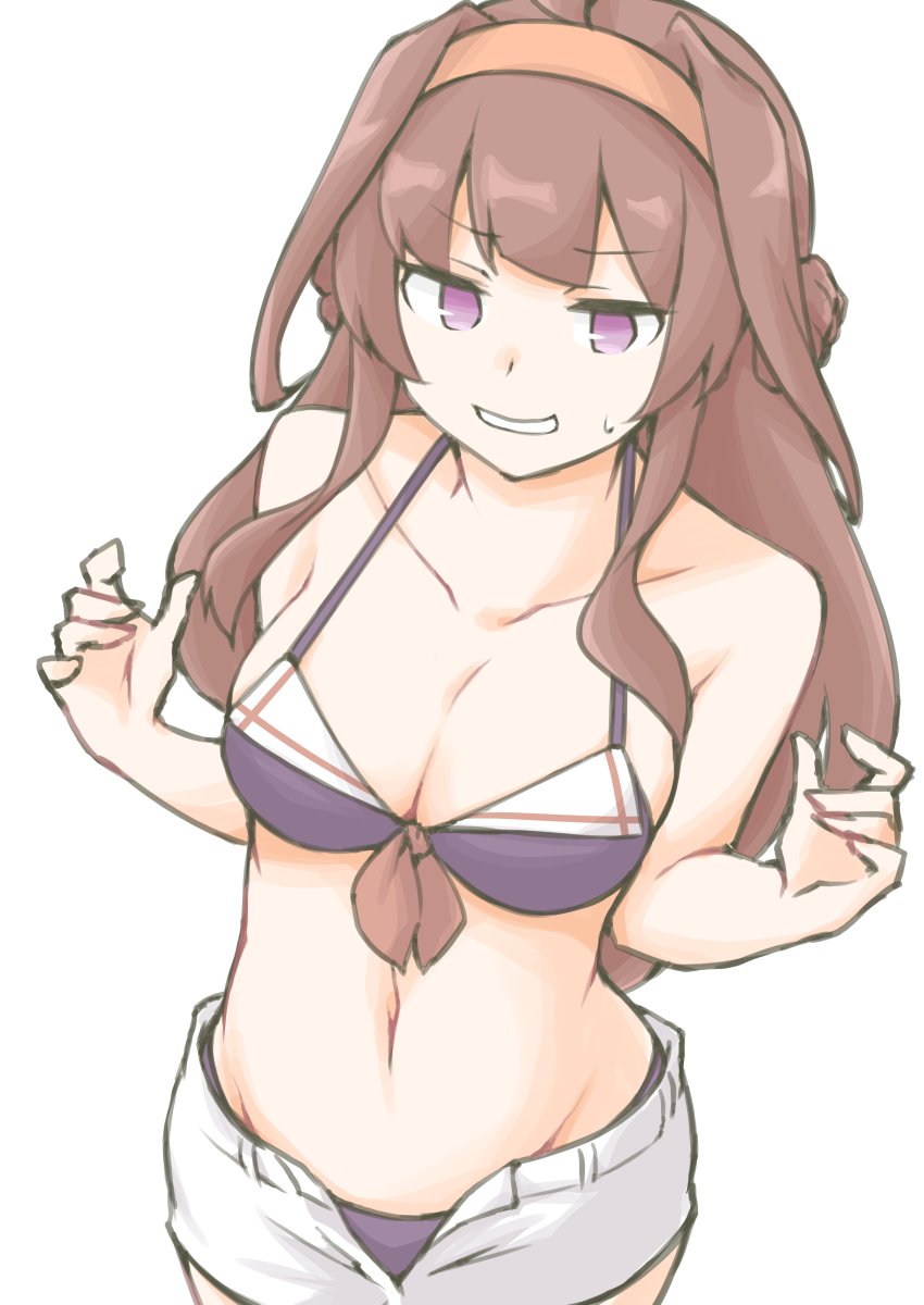akara_kai, bikini, breasts, brown_hair, collarbone, cosplay, double_bun, hair_bun, hairband, highres, kantai_collection, kongou_(kancolle), large_breasts, long_hair, murasame_(kancolle), murasame_(swimsuit)_(kancolle), navel, orange_hairband, purple_eyes, shiratsuyu_(kancolle), shiratsuyu_(kancolle)_(cosplay), shiratsuyu_(swimsuit)_(kancolle), shorts, simple_background, swimsuit, white_shorts