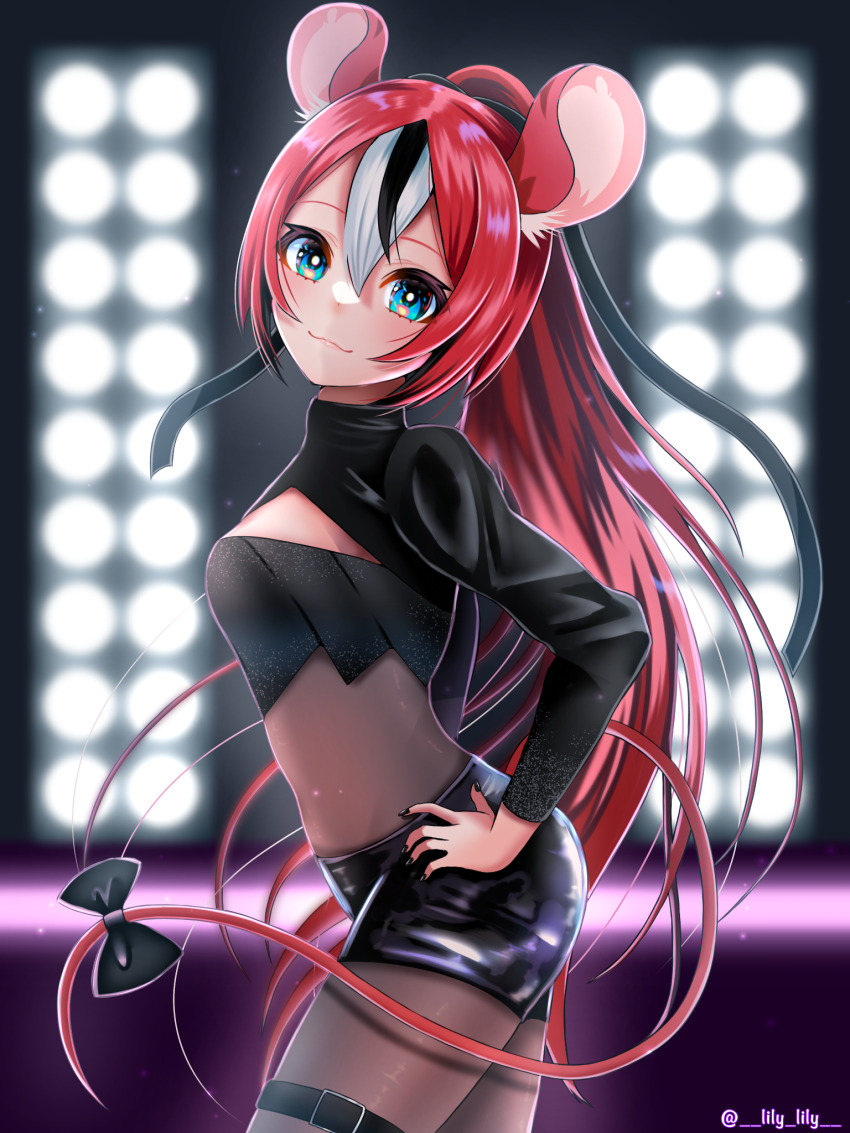 1girl, :3, animal_ears, bandeau, black_bandeau, black_hair, black_nails, black_ribbon, black_shorts, blackberry_baelz, blue_eyes, bodystocking, bow, breasts, hair_ribbon, hakos_baelz, hand_on_own_hip, high_ponytail, highres, hololive, hololive_english, lily_lily, long_hair, looking_at_viewer, medium_breasts, mouse_ears, mouse_girl, mouse_tail, multicolored_hair, nail_polish, ponytail, ribbon, short_shorts, shorts, shrug_(clothing), smile, solo, streaked_hair, tail, tail_bow, tail_ornament, thigh_strap, virtual_youtuber, white_hair