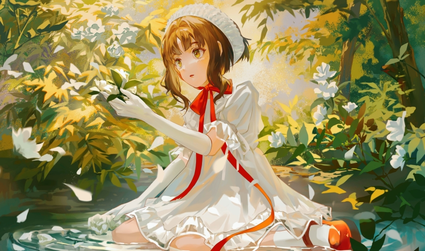 1girl, :o, absurdres, brown_eyes, brown_hair, chinstrap, day, dress, eagle_(reverse:1999), eagle_(the_sixth_sense)_(reverse:1999), elbow_gloves, flower, forest, frilled_dress, frilled_hairband, frills, full_body, gloves, hair_intakes, hairband, hand_up, highres, holding, holding_flower, leaf, looking_at_object, mary_janes, nature, official_alternate_costume, outdoors, painttool_sai_(medium), parted_lips, partially_submerged, pond, puffy_short_sleeves, puffy_sleeves, red_ribbon, red_shoes, reverse:1999, ribbon, shoes, short_dress, short_hair, short_sleeves, sidelocks, sitting, socks, solo, tree, wariza, white_dress, white_flower, white_gloves, white_hairband, white_socks, xia_yushi
