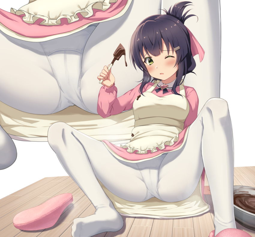 1girl, :o, ;o, apron, black_hair, blush, chocolate, commentary_request